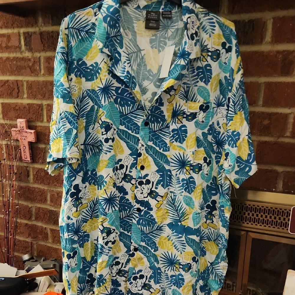 Disney Mickey Mouse Leaf Print Shirt - Blue, Yellow, White